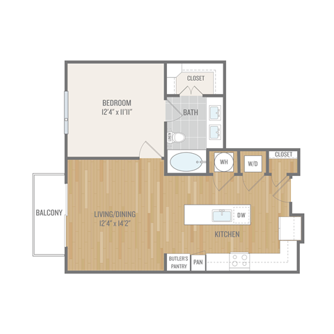 Floor plan for 1 bed, 1 bath, 722 sqft